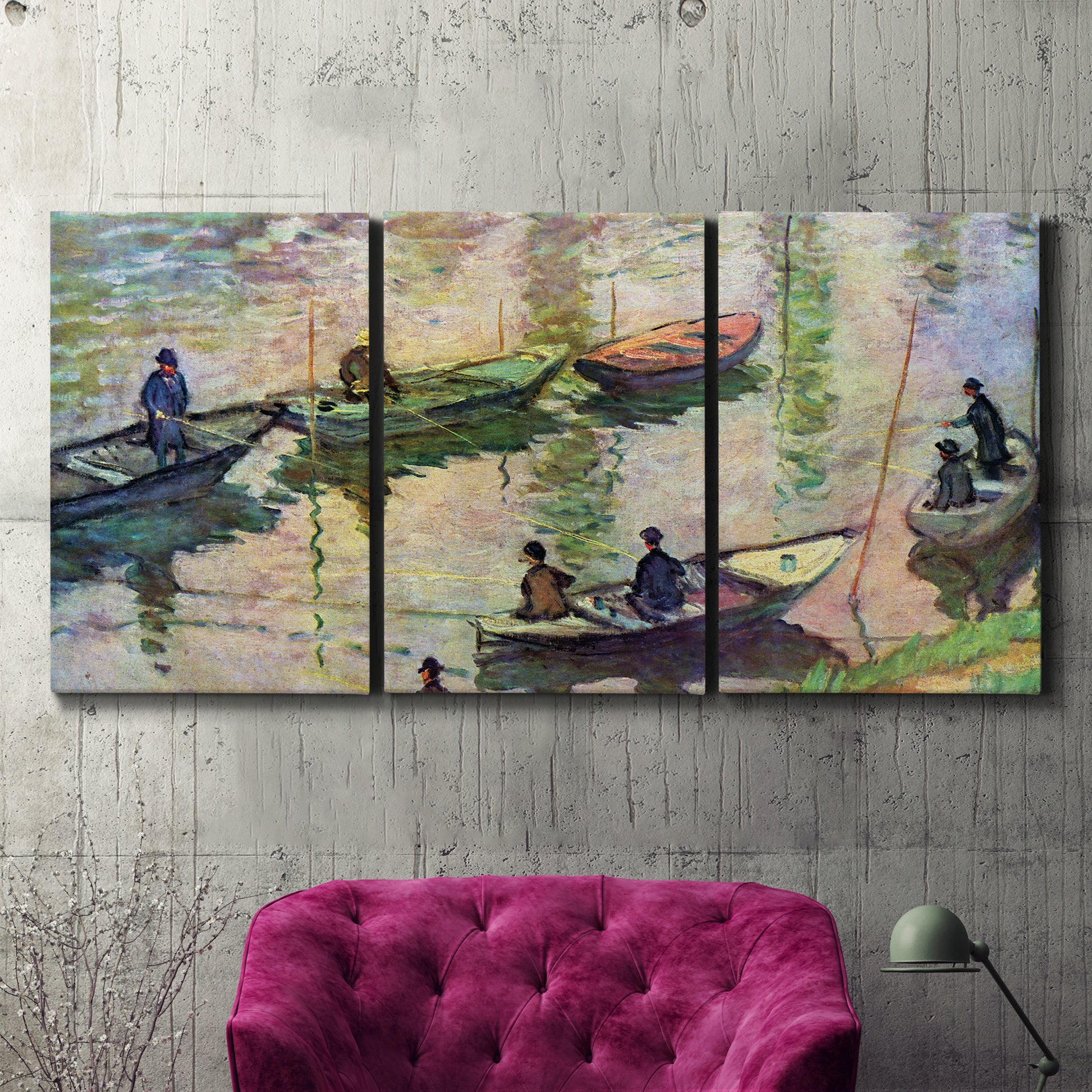 Three-panel canvas wall art featuring river scene with boats and reflections, displayed in a living room above a suede accent chair.