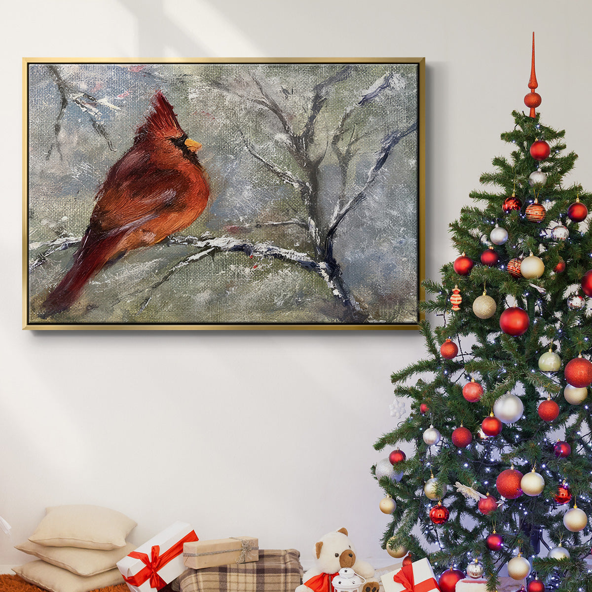 Cardinal in Snow II - Framed Gallery Wrapped Canvas in Floating Frame