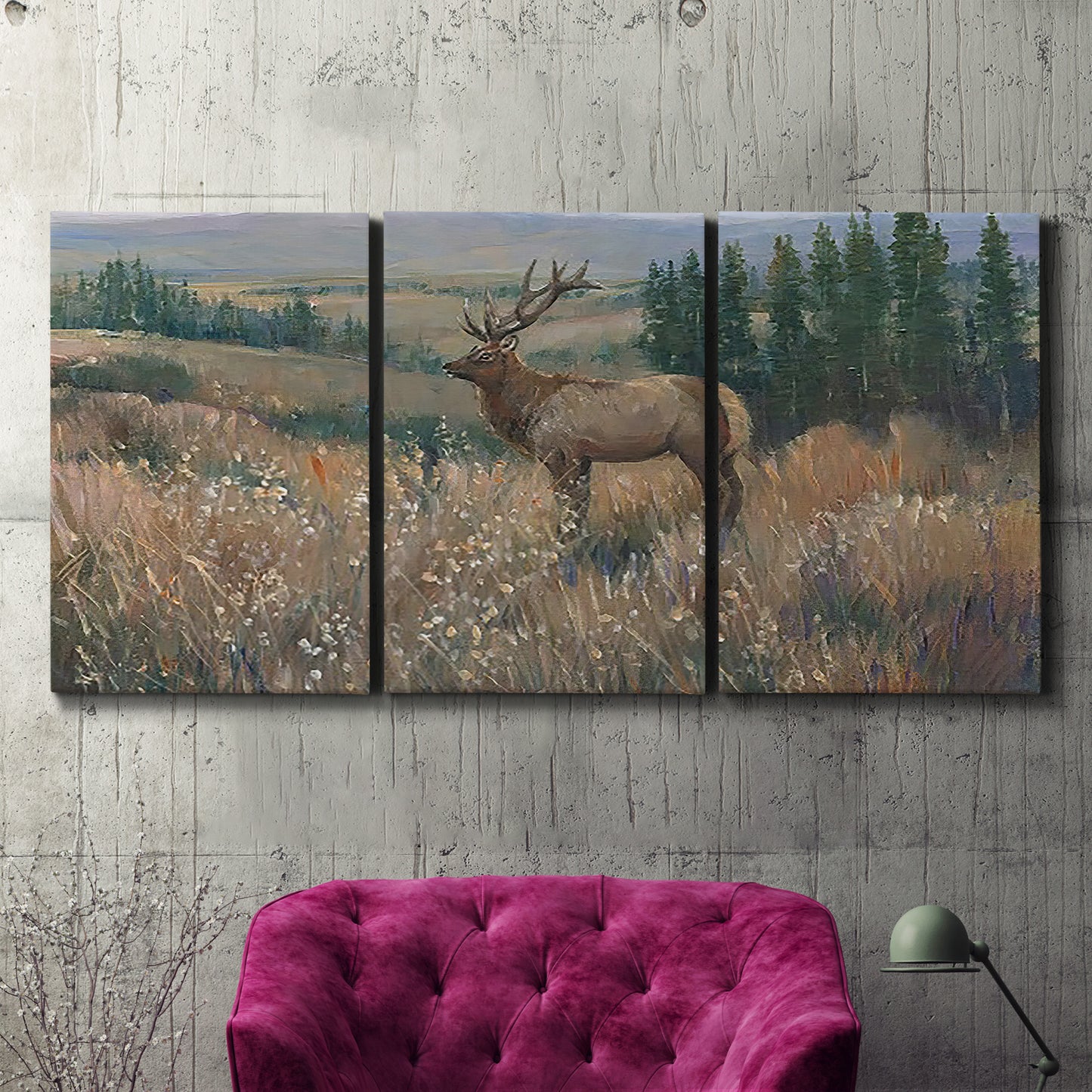 Three-panel canvas wall art featuring western wildlife standing in grassland, displayed in a living room above a suede accent chair.