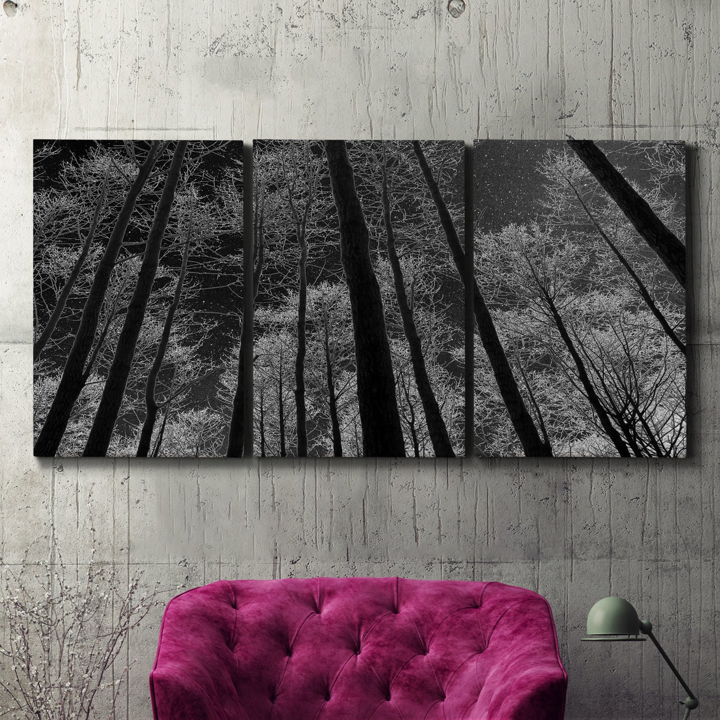 Three-panel canvas wall art featuring riverside houses along canal, displayed in a living room above a suede accent chair.