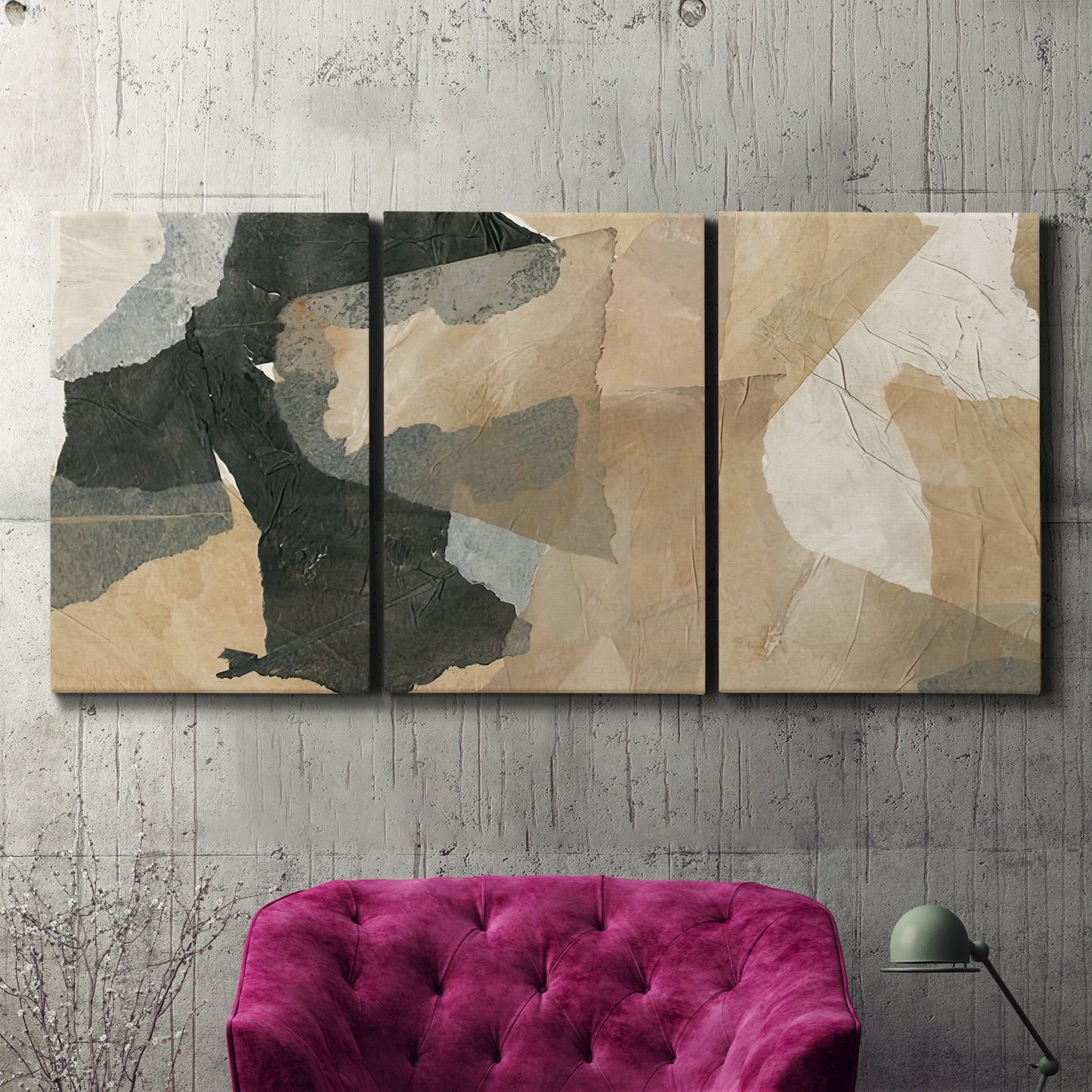 Three-panel canvas wall art featuring blurred mixed media abstract collage, displayed in a living room above a suede accent chair.