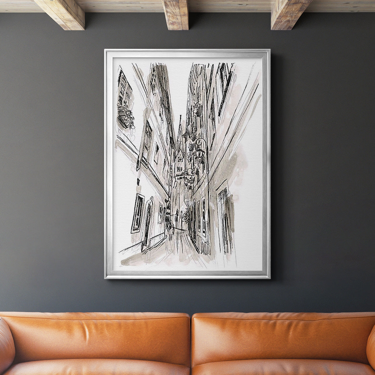Europe Street Sketches III - Modern Framed Canvas Print