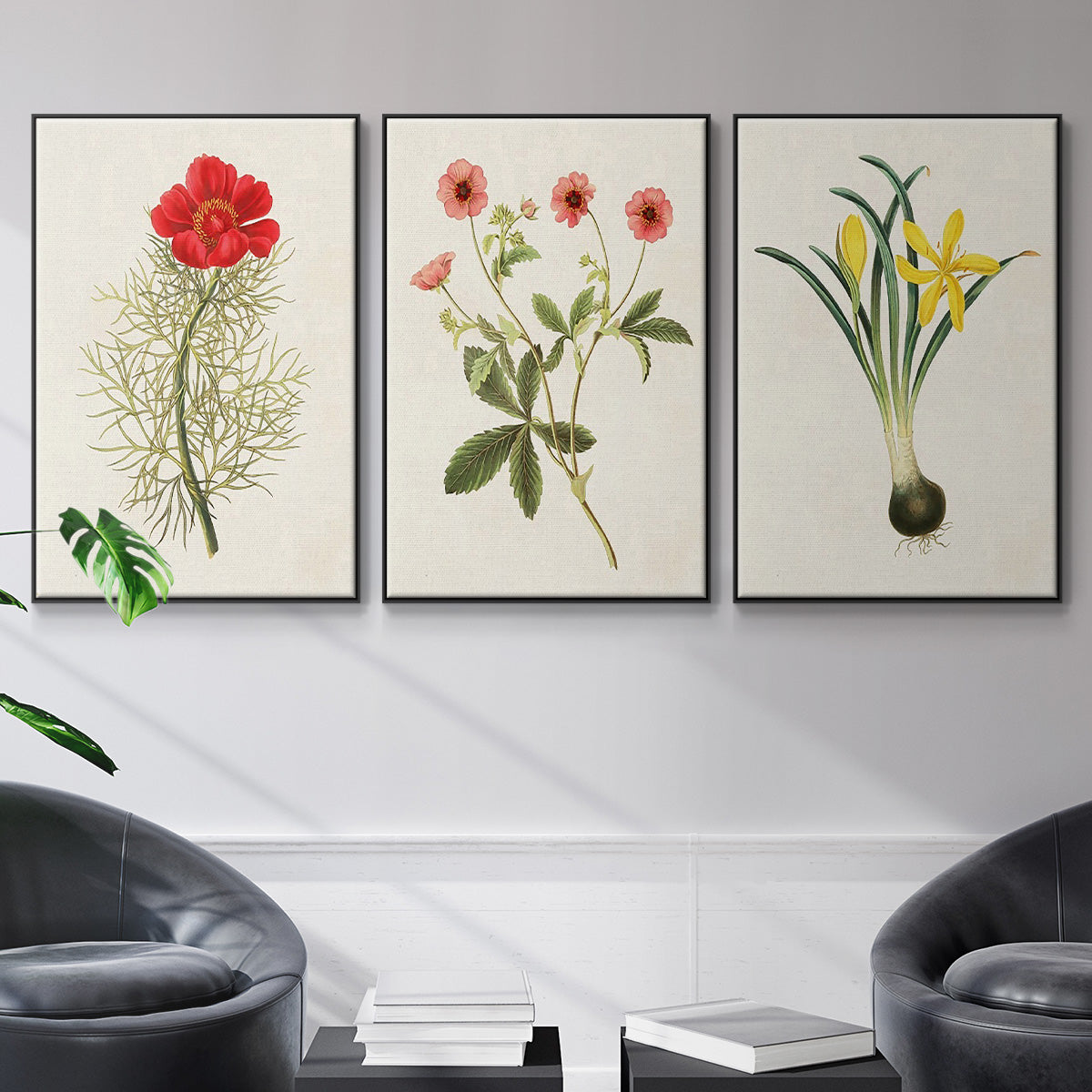 Flowers of the Seasons VI - Framed Premium Gallery Wrapped Canvas L Frame 3 Piece Set - Ready to Hang