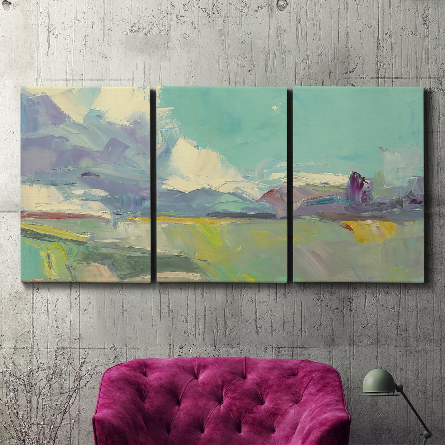 Three-panel canvas wall art featuring road stretching through open countryside, displayed in a living room above a suede accent chair.