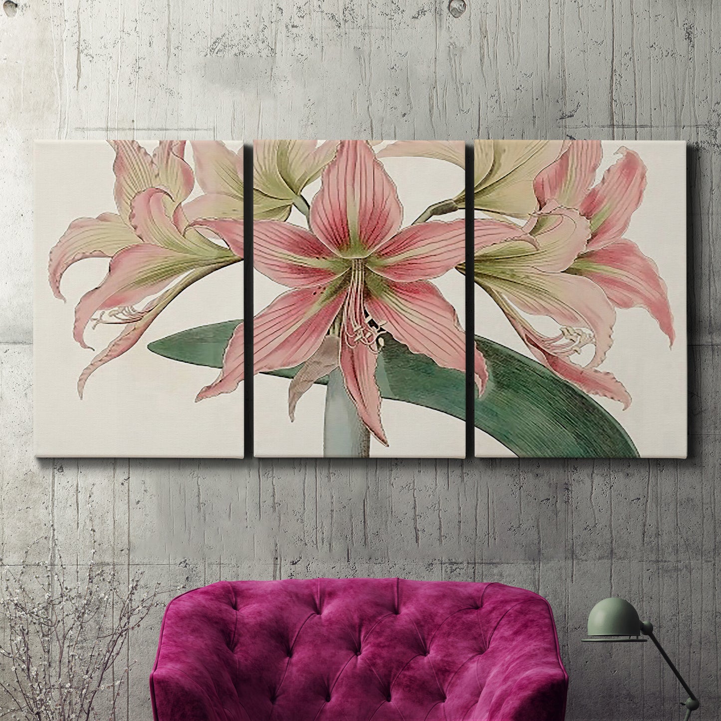 Three-panel canvas wall art featuring vintage styled amaryllis floral study, displayed in a living room above a suede accent chair.