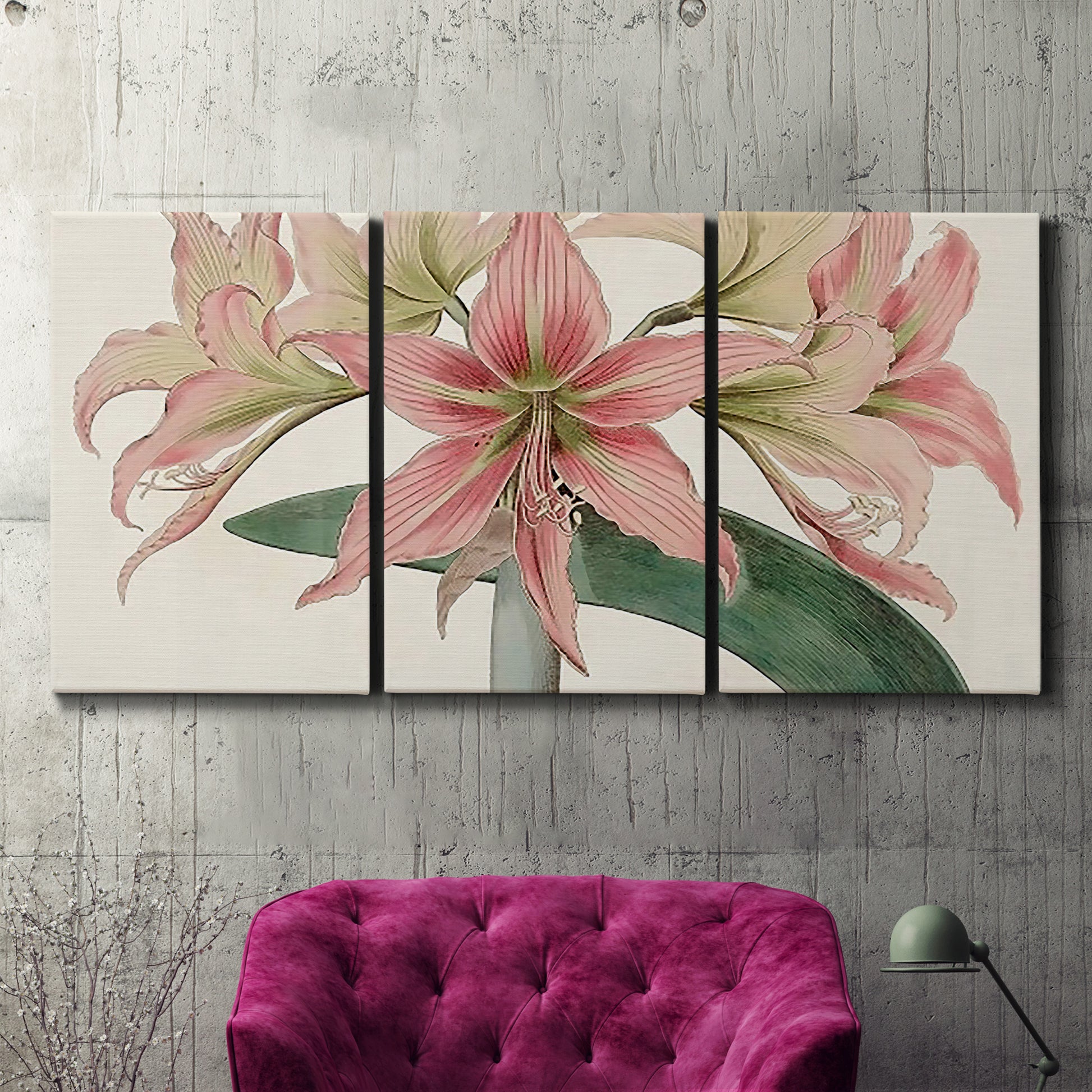 Three-panel canvas wall art featuring vintage styled amaryllis floral study, displayed in a living room above a suede accent chair.