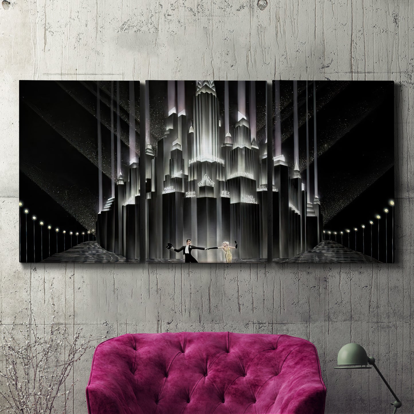 Three-panel canvas wall art featuring vintage city scene with figures, displayed in a living room above a suede accent chair.