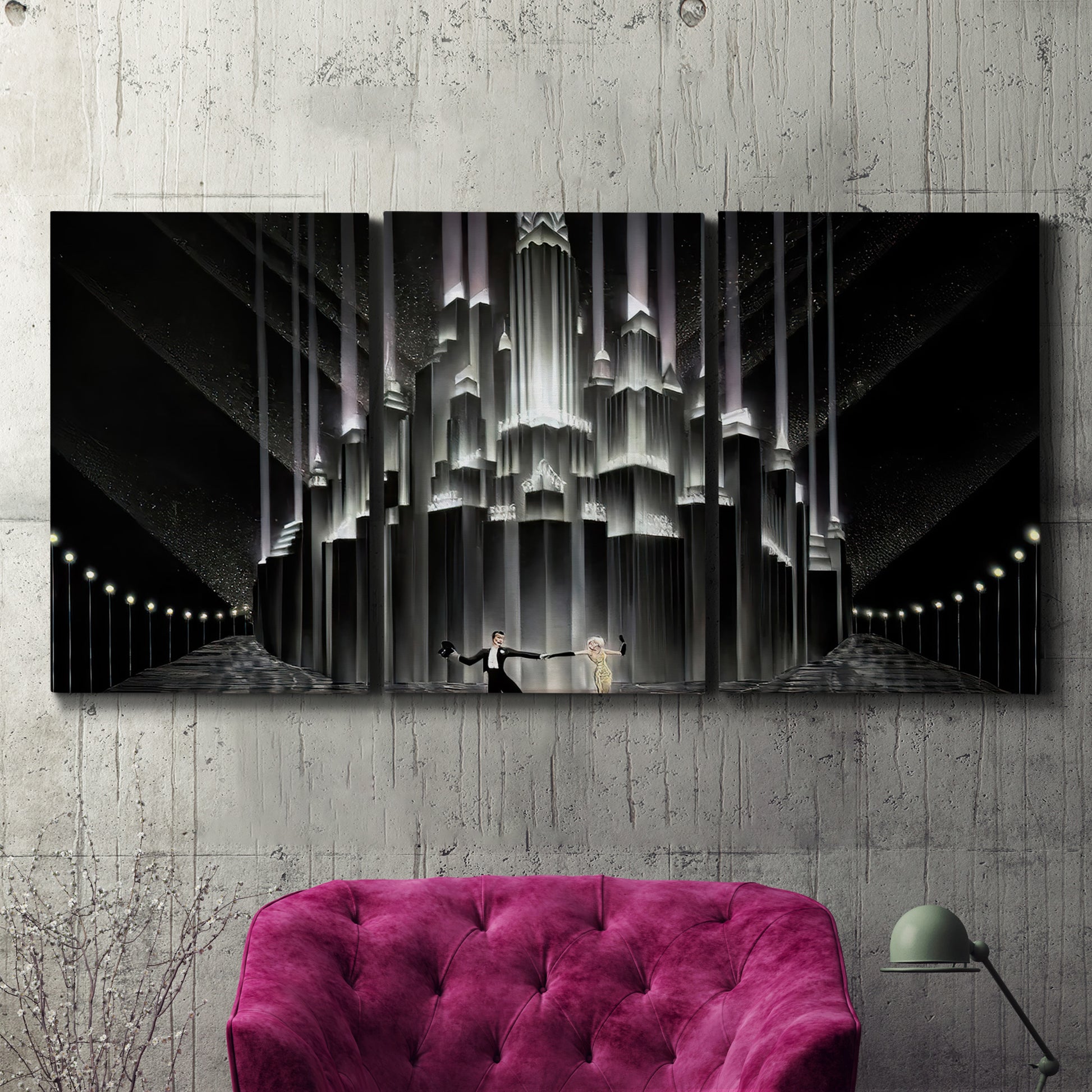 Three-panel canvas wall art featuring vintage city scene with figures, displayed in a living room above a suede accent chair.
