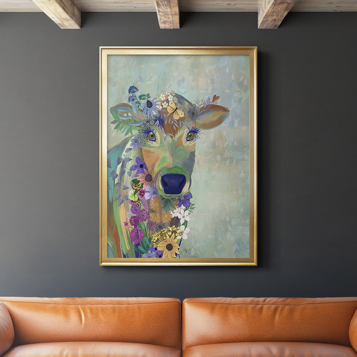 Fantastic Florals Cow - Modern Framed Canvas Print