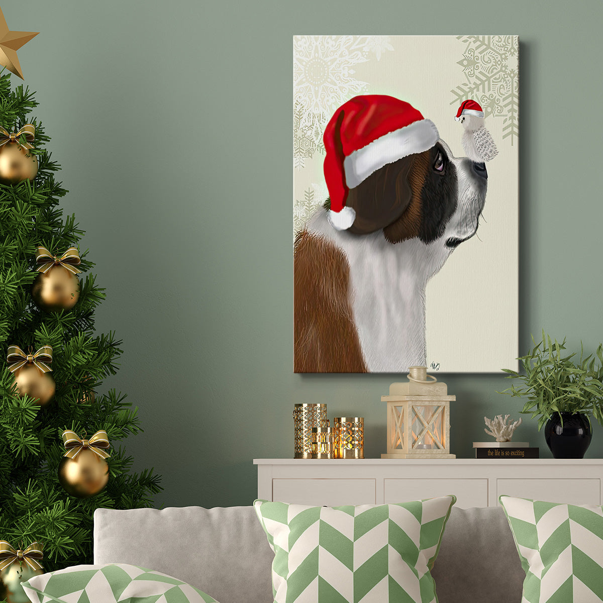 Christmas St Bernard and Fluffy Owl - Gallery Wrapped Canvas