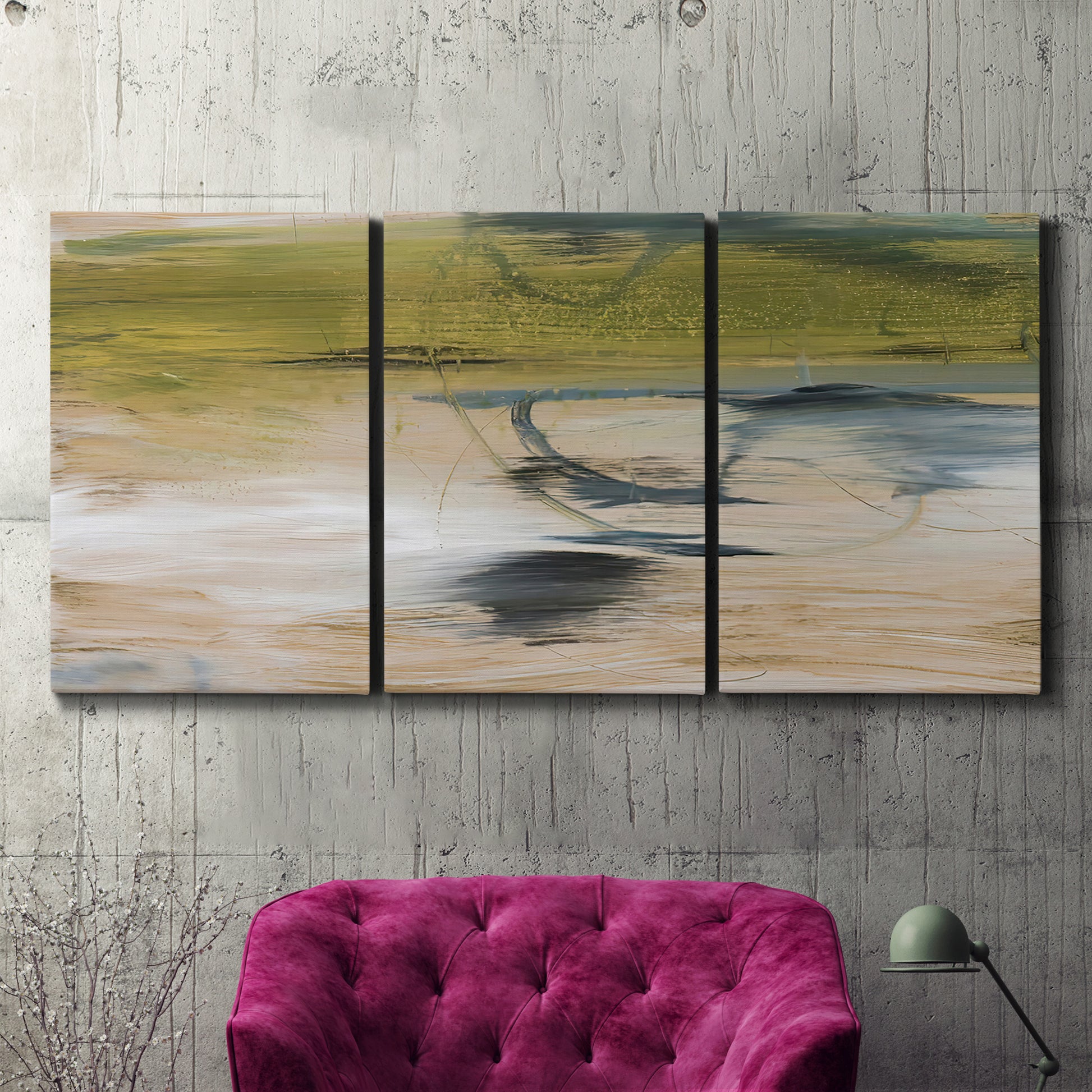 Three-panel canvas wall art featuring minimal abstract water reflections, displayed in a living room above a suede accent chair.