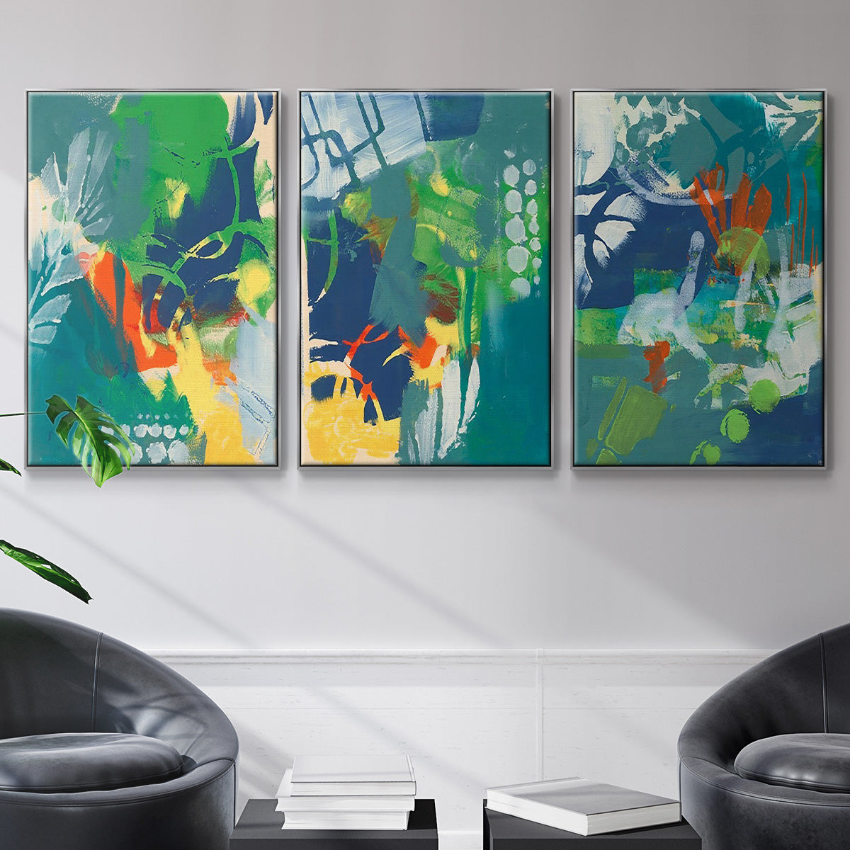 Tropical Graphics I - Framed Premium Gallery Wrapped Canvas L Frame 3 Piece Set - Ready to Hang