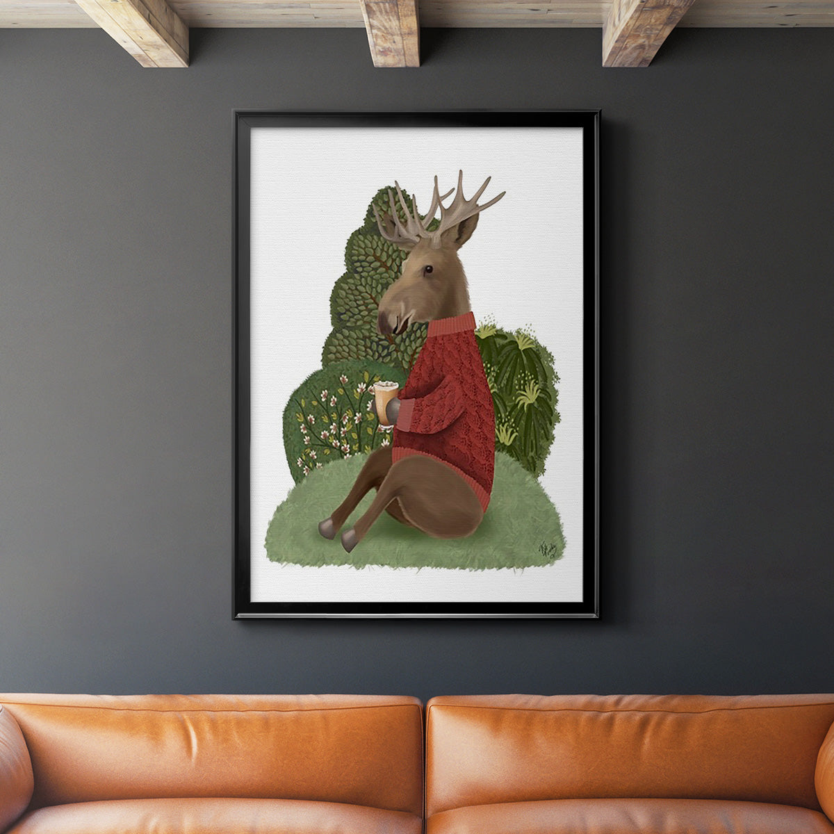 Latte Moose in Sweater - Modern Framed Canvas Print