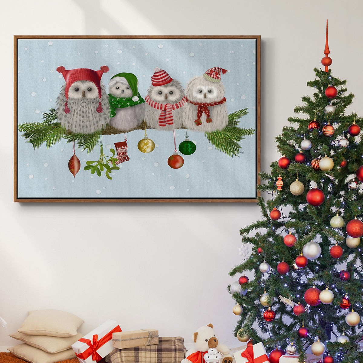 Christmas Fluffy Christmas Owls on Branch - Framed Gallery Wrapped Canvas in Floating Frame