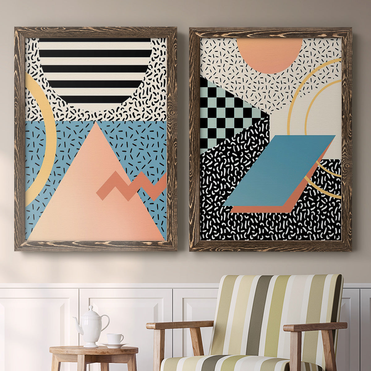 Set of two walnut barnwood framed canvas prints depicting two retro graphic abstracts featuring bold geometric Memphis-style patterns above a sideboard in a cozy sitting room.