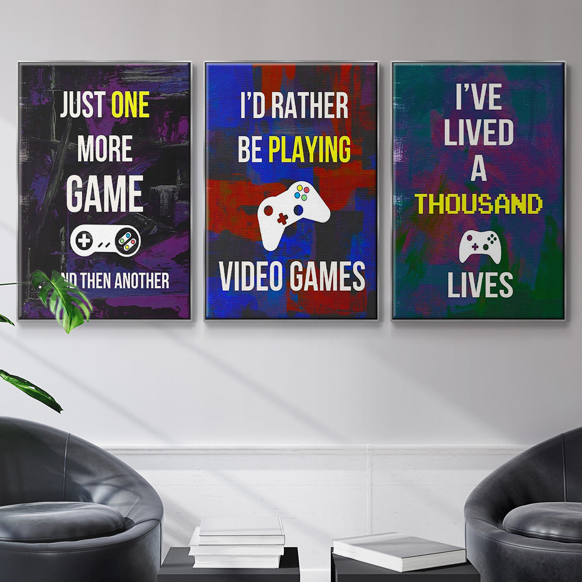 Gamer at Play I - Framed Premium Gallery Wrapped Canvas L Frame 3 Piece Set - Ready to Hang