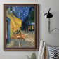 Impressionist night café street scene by Vincent van Gogh in an ornate bronzed mahogany wood frame displayed in a neutral interior setting.