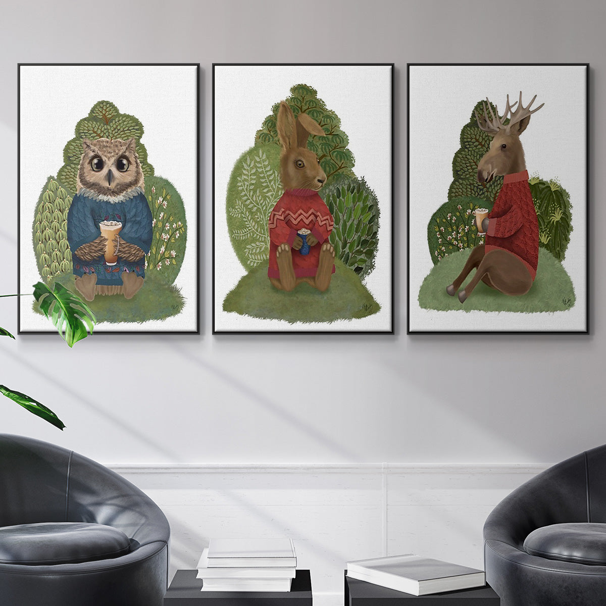 Latte Moose in Sweater - Framed Premium Gallery Wrapped Canvas L Frame 3 Piece Set - Ready to Hang