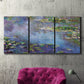 Three-panel canvas wall art featuring water lilies emerging through mist, displayed in a living room above a suede accent chair.