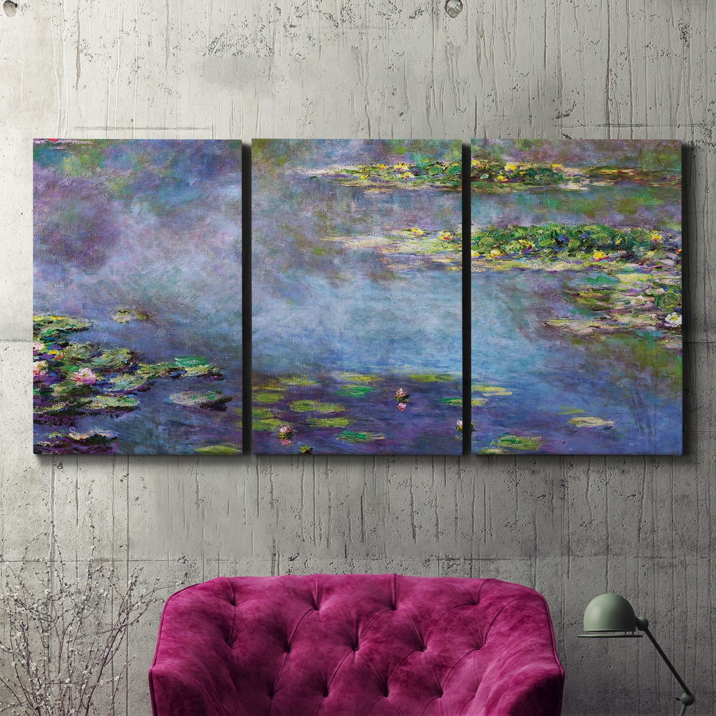 Three-panel canvas wall art featuring water lilies emerging through mist, displayed in a living room above a suede accent chair.