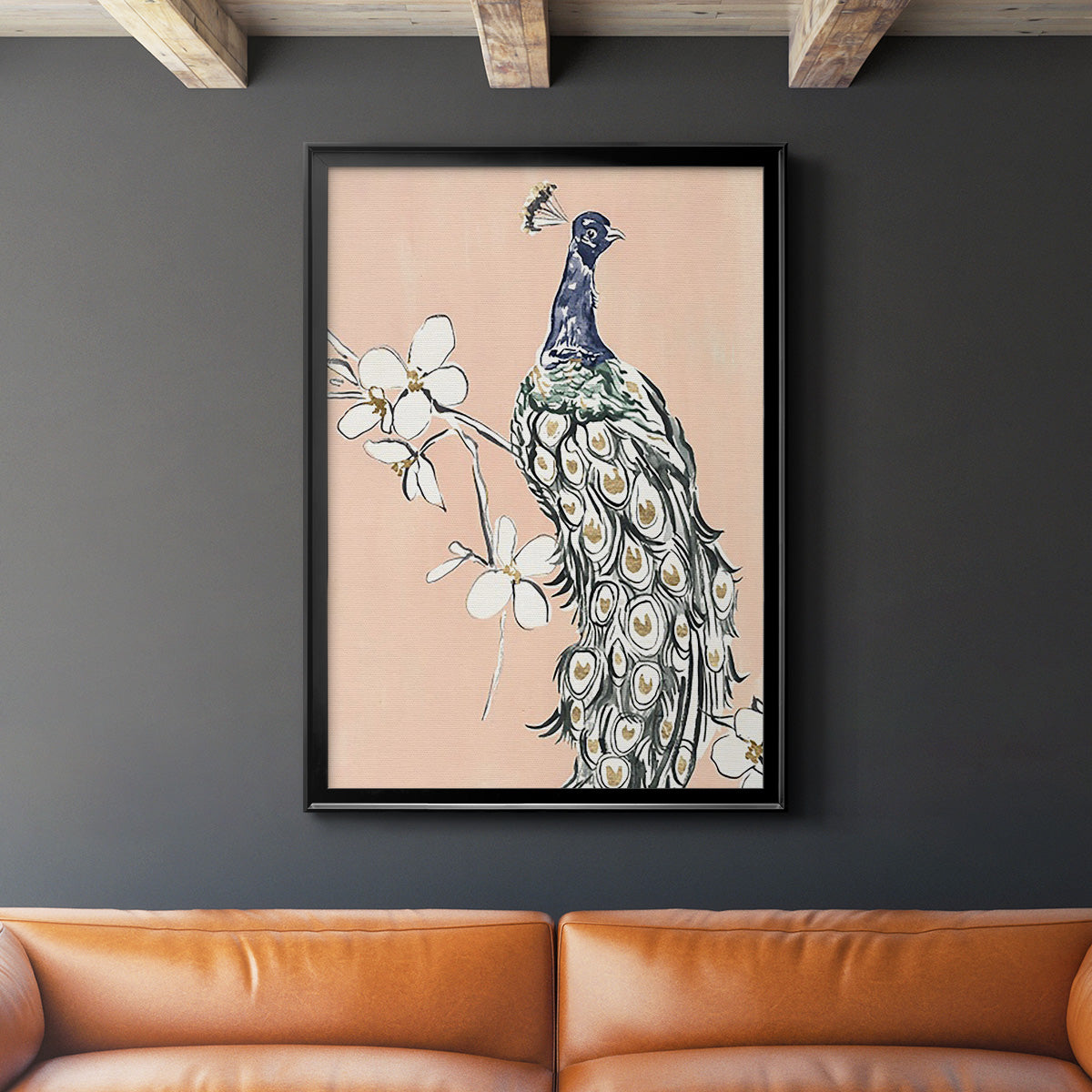 Peacock in Gold III - Modern Framed Canvas Print