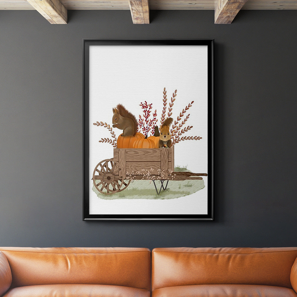 Squirrels In Pumpkin Wheelbarrow - Modern Framed Canvas Print