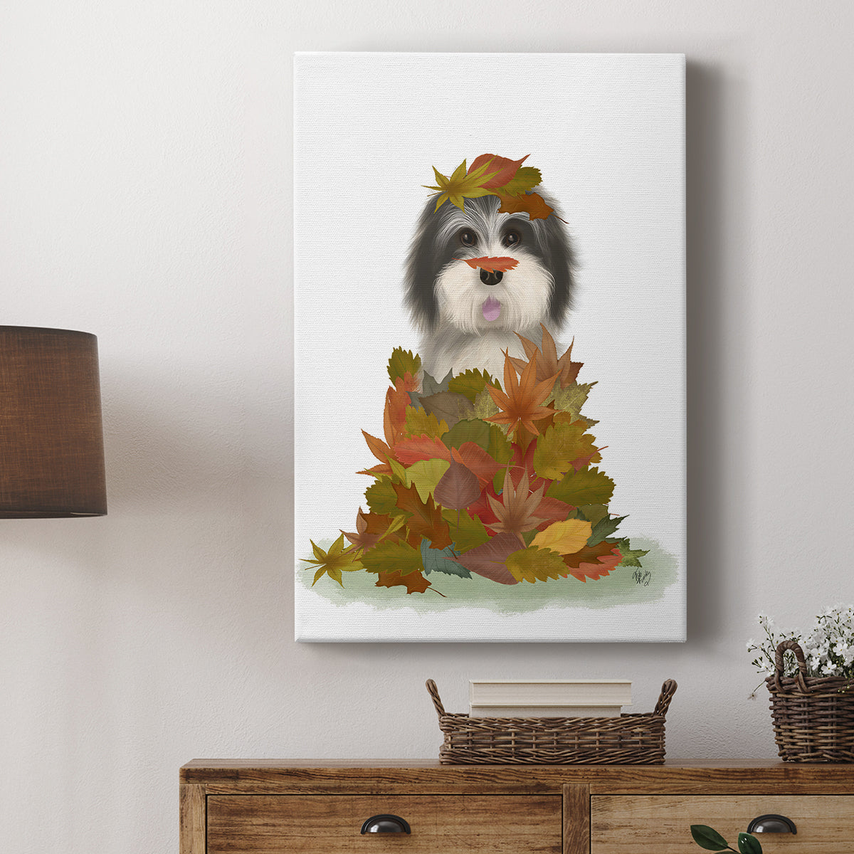 Landed in Autumn, Black and White Dog - Canvas Art Print