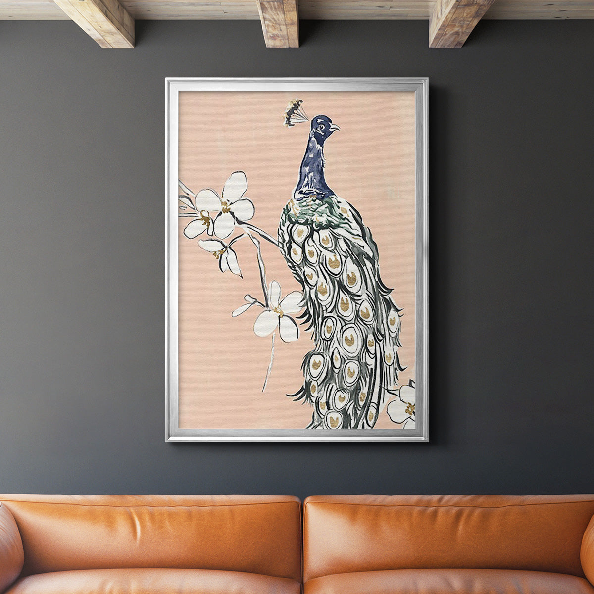 Peacock in Gold III - Modern Framed Canvas Print