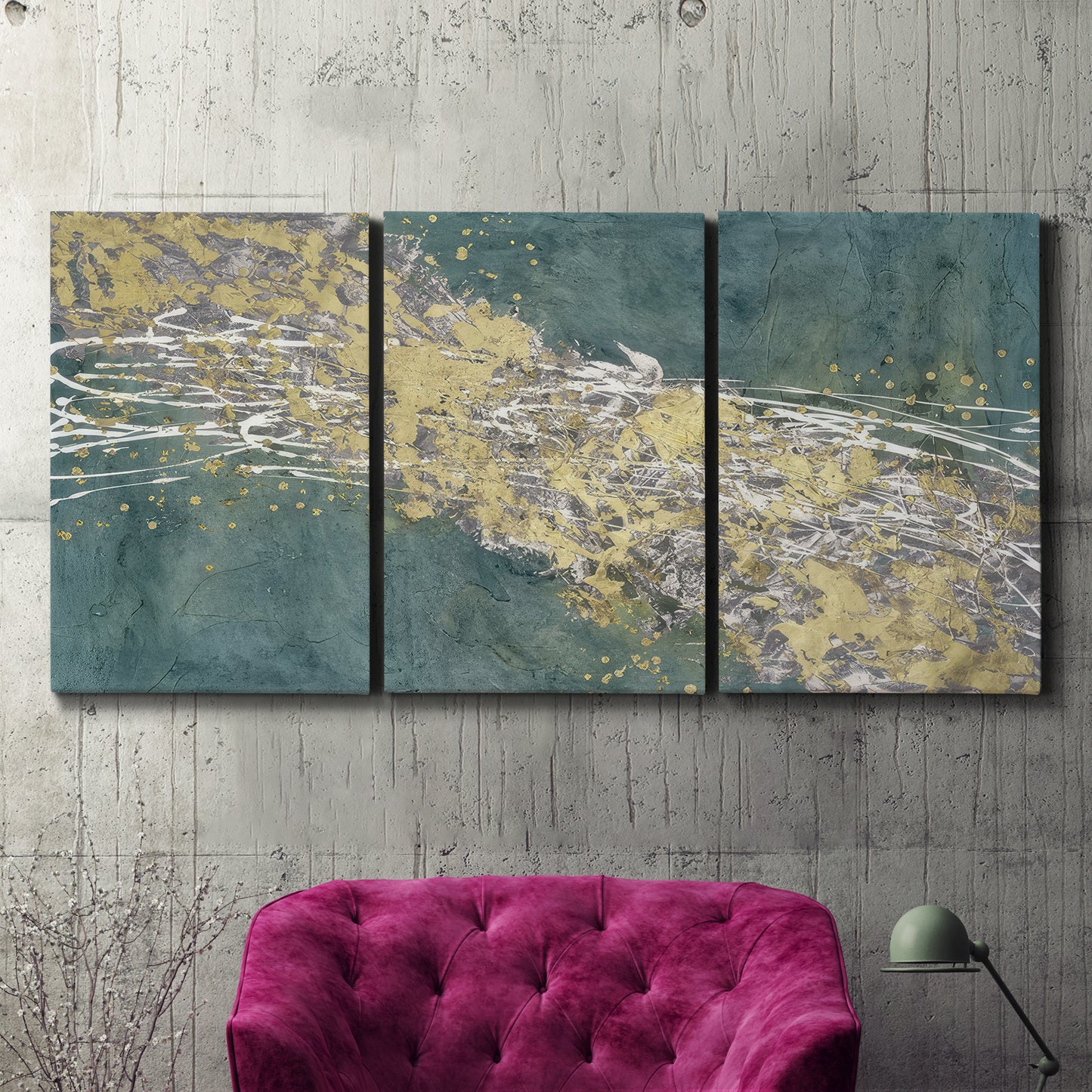 Three-panel canvas wall art featuring soft abstract wind movement, displayed in a living room above a suede accent chair.