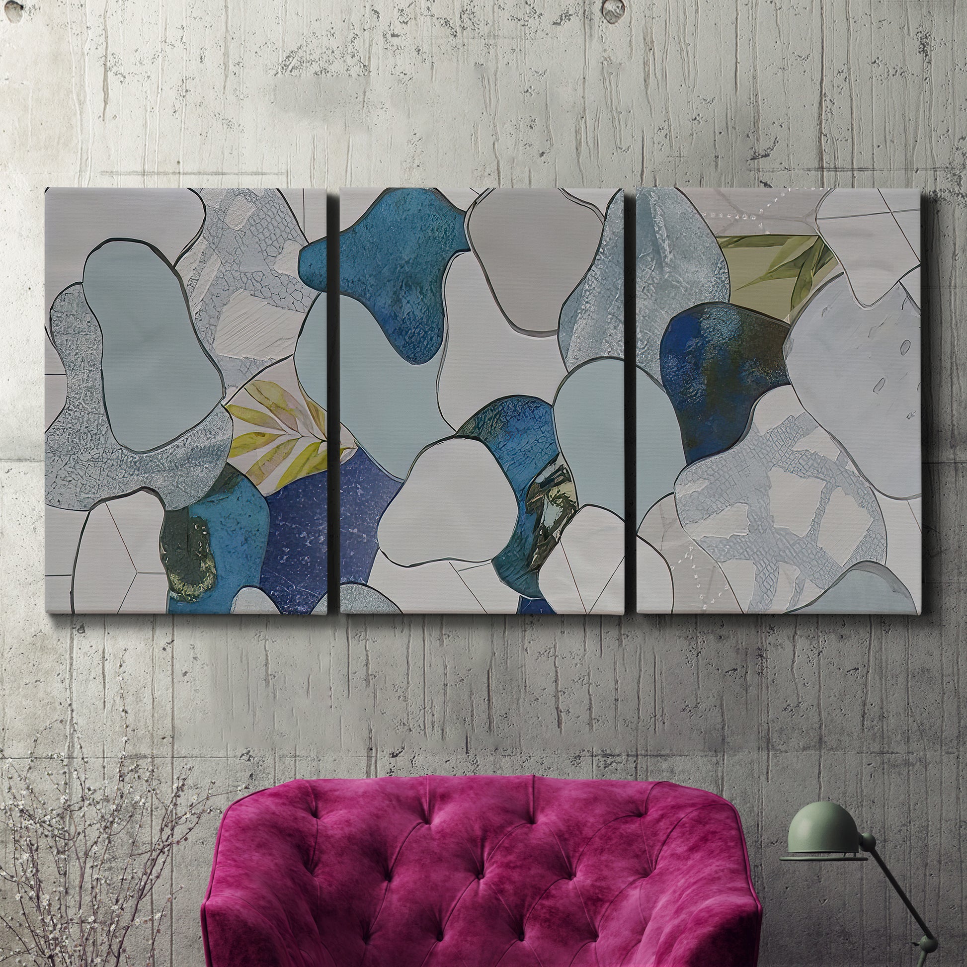 Three-panel canvas wall art featuring mid century geometric pink abstraction, displayed in a living room above a suede accent chair.