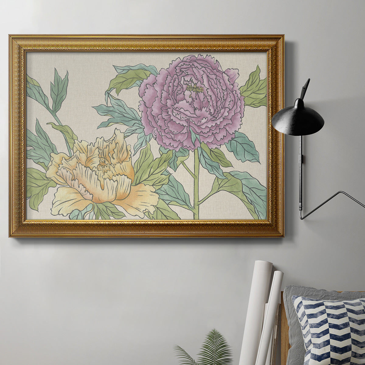 Contemporary peony flower illustration in an ornate traditional gold frame displayed in a neutral interior setting.