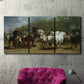 Three-panel canvas wall art featuring crowded horse fair scene, displayed in a living room above a suede accent chair.