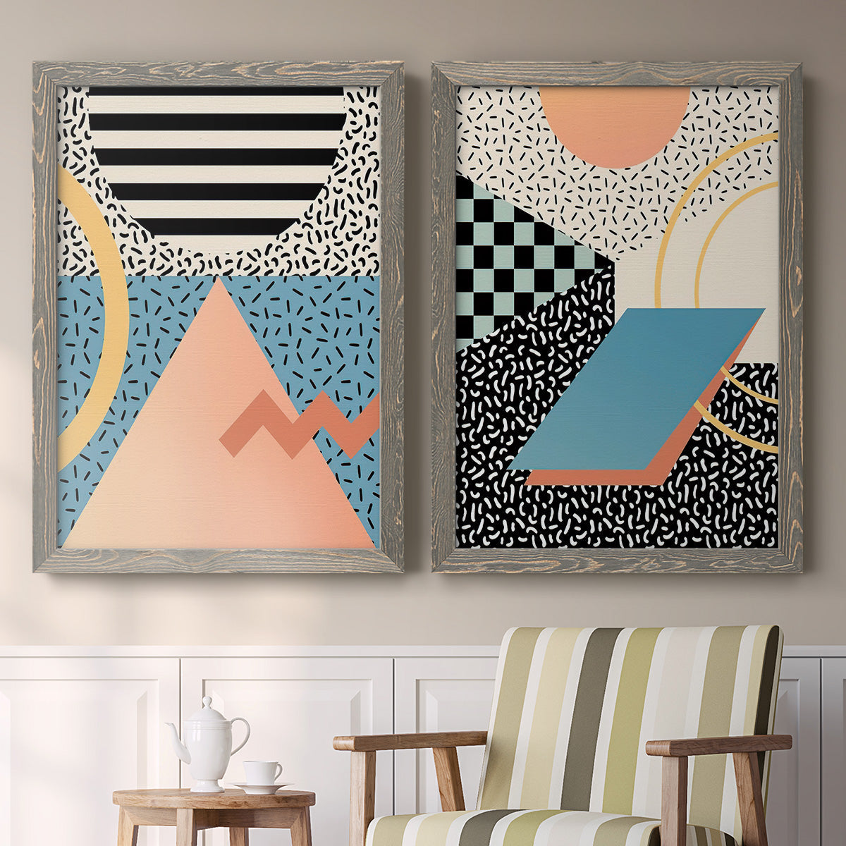 Set of two gray barnwood framed canvas prints depicting two retro graphic abstracts featuring bold geometric Memphis-style patterns above a sideboard in a cozy sitting room.