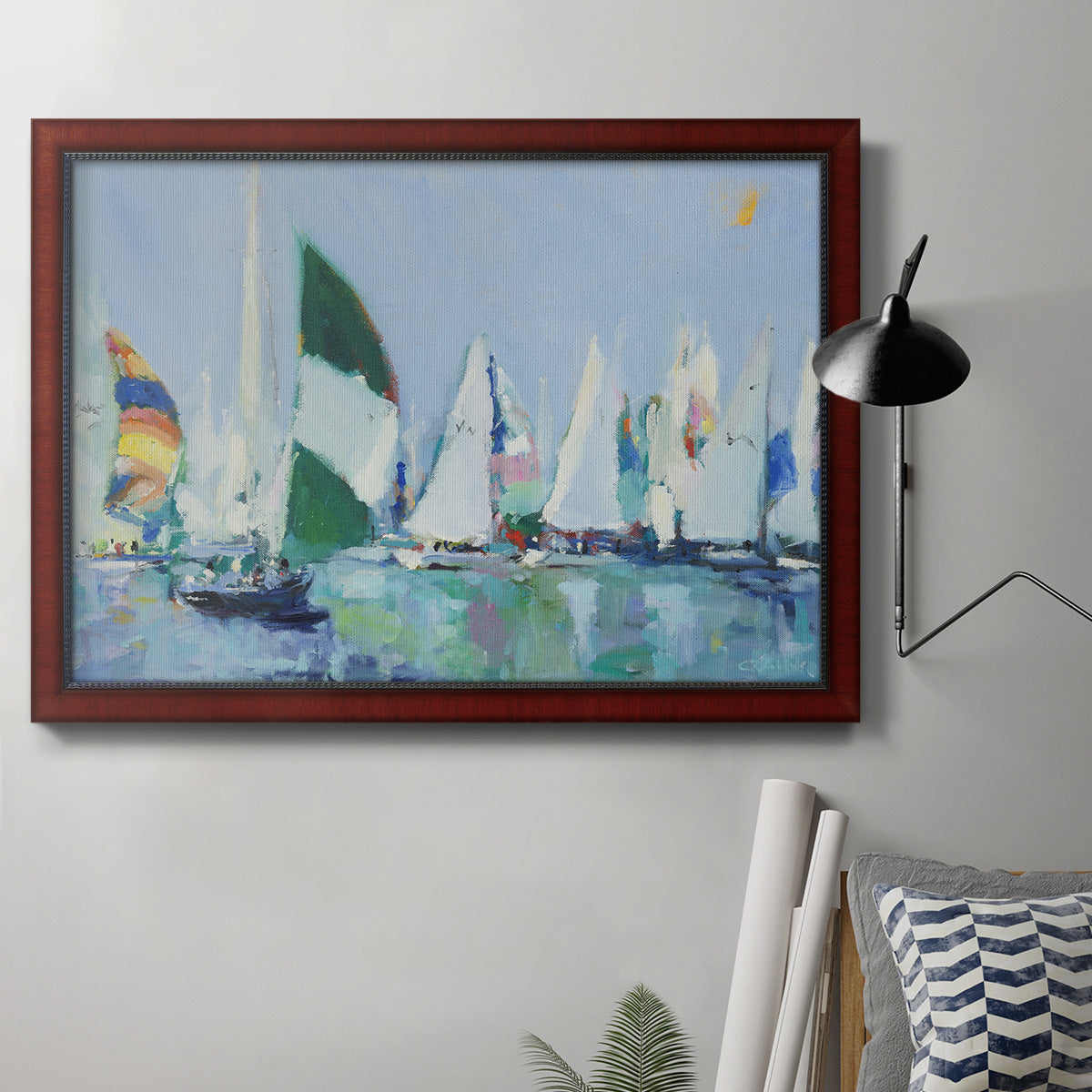 Coastal harbor watercolor painting in an ornate cherry burl wood frame displayed in a neutral interior setting.