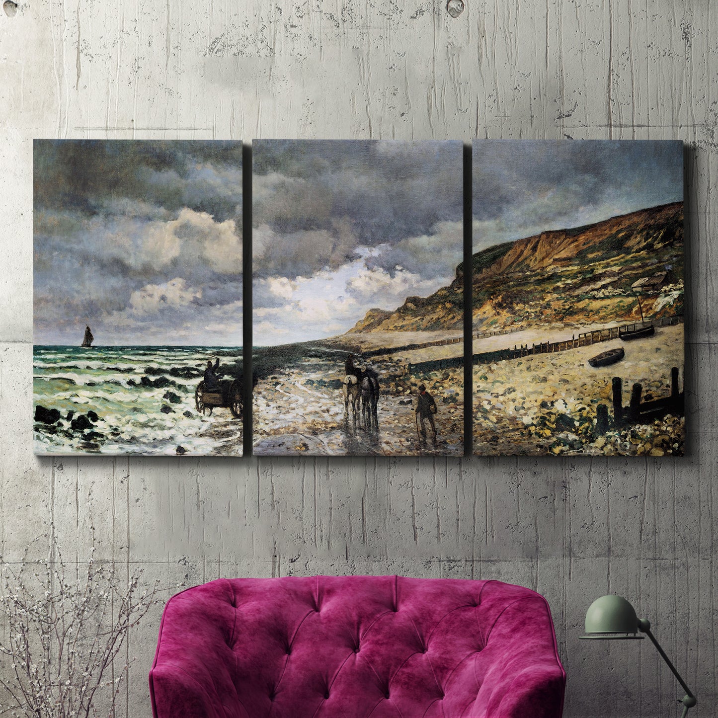 Three-panel canvas wall art featuring sunset beach with glowing sky, displayed in a living room above a suede accent chair.