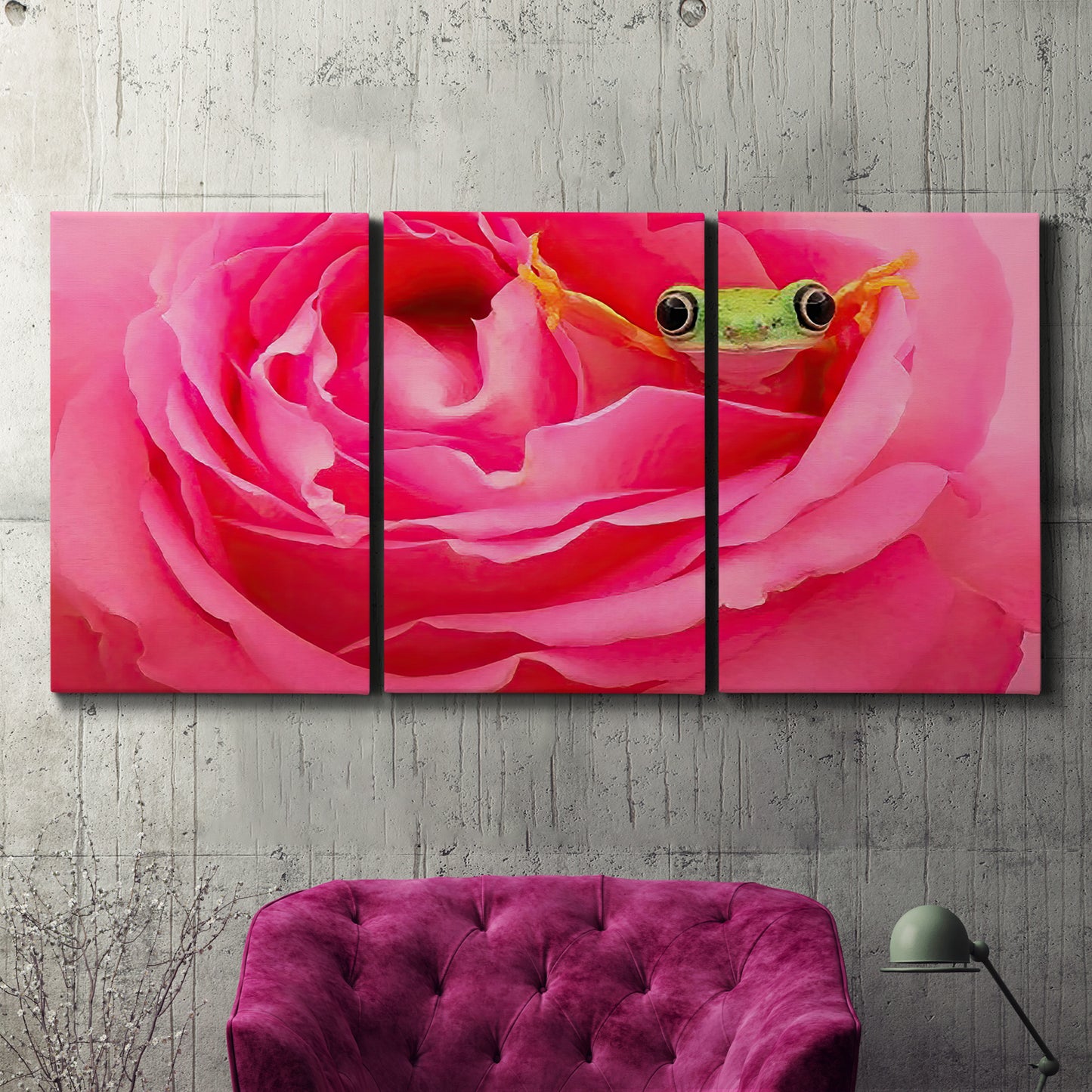 Three-panel canvas wall art featuring animal photography with floral elements, displayed in a living room above a suede accent chair.