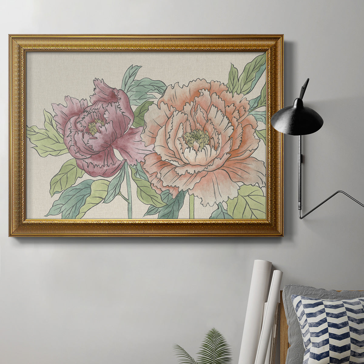 Modern peony floral drawing in an ornate traditional gold frame displayed in a neutral interior setting.