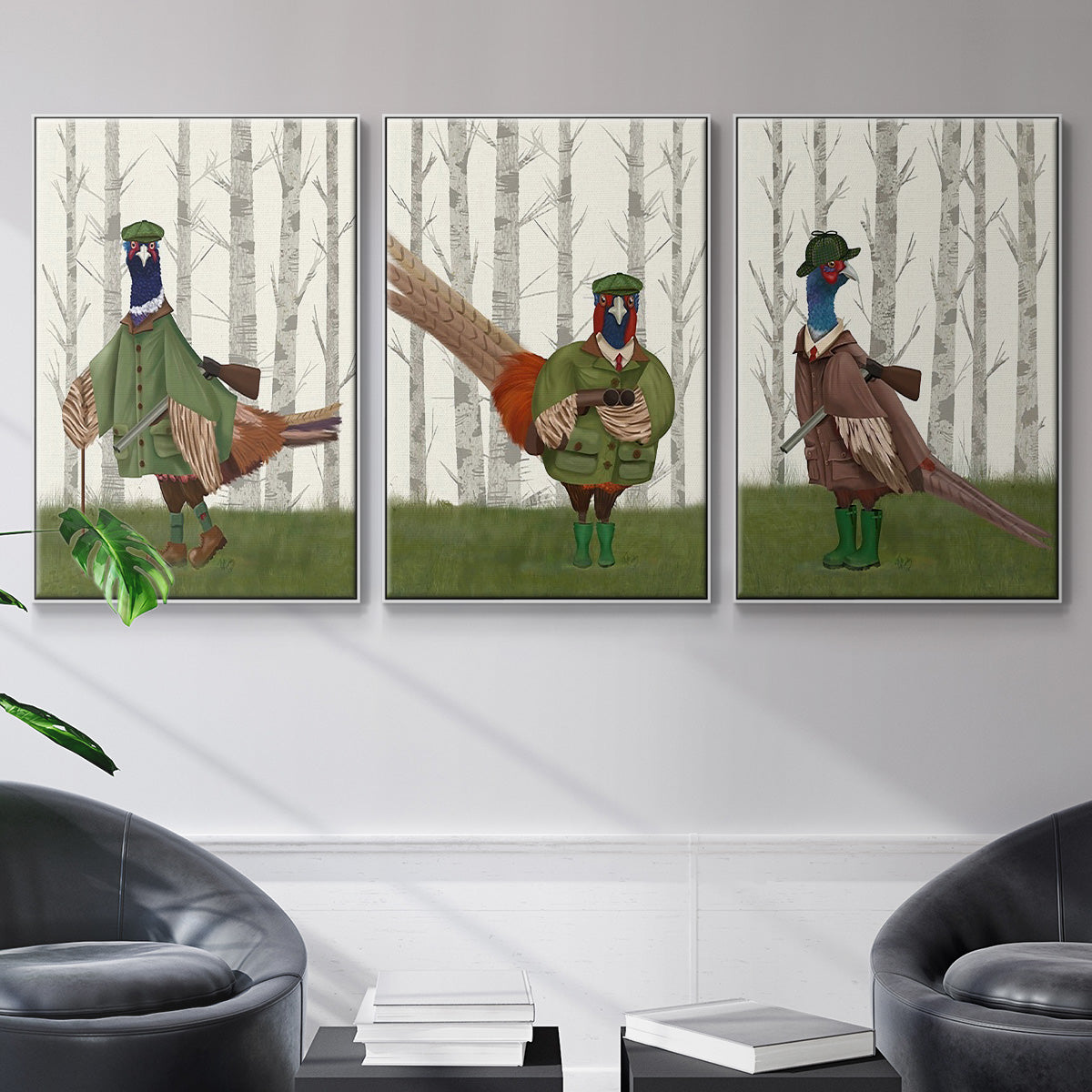 Pheasant Shooting Party 5 - Framed Premium Gallery Wrapped Canvas L Frame 3 Piece Set - Ready to Hang