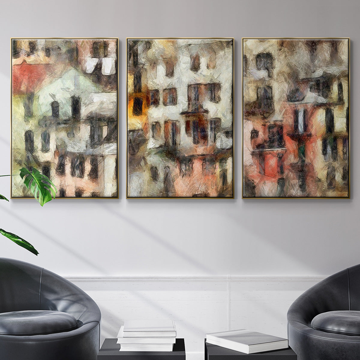 Stacked Houses I - Framed Premium Gallery Wrapped Canvas L Frame 3 Piece Set - Ready to Hang