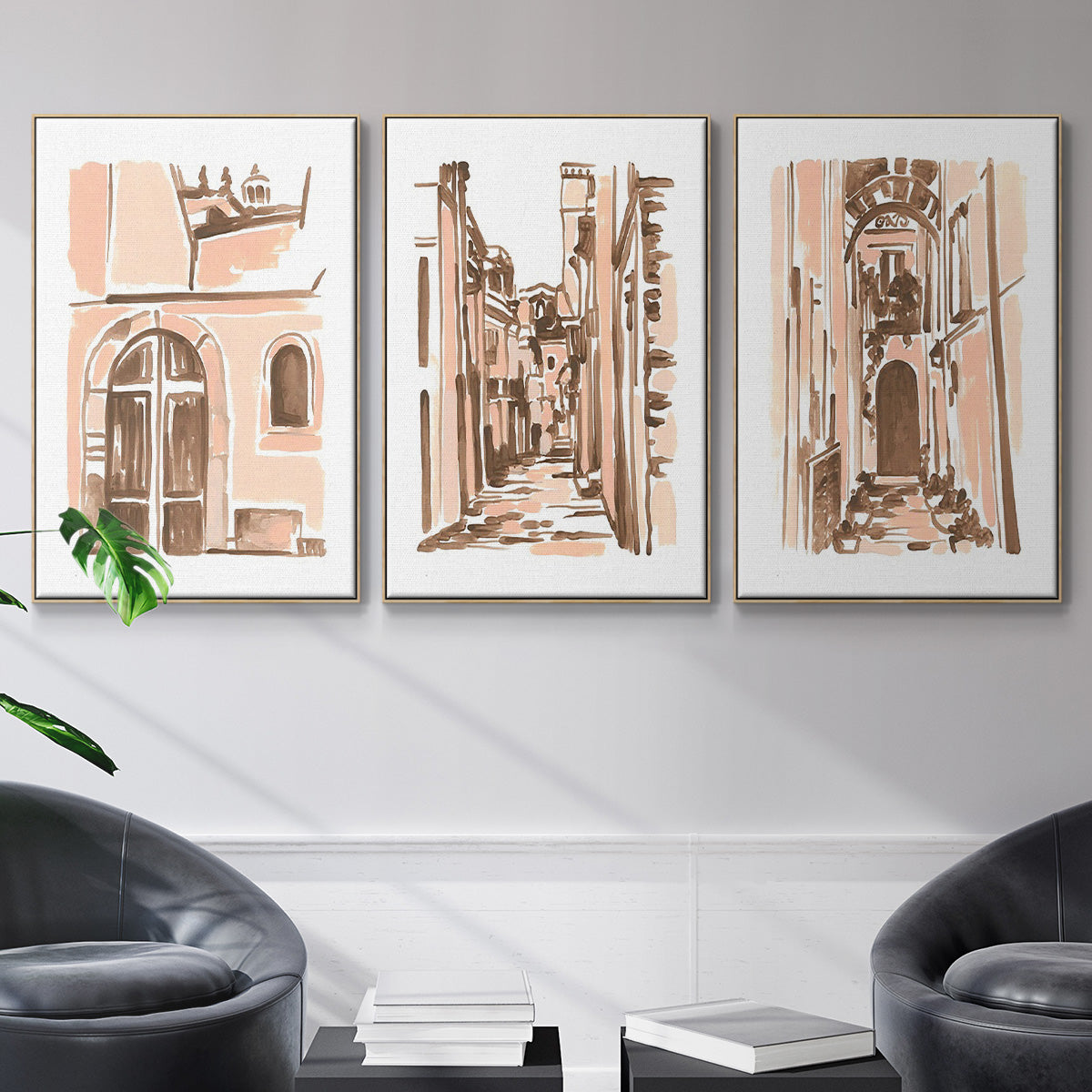 Blush Architecture Study IV - Framed Premium Gallery Wrapped Canvas L Frame 3 Piece Set - Ready to Hang