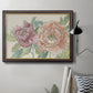 Modern peony floral drawing in an ornate mahogany wood frame with gold liner displayed in a neutral interior setting.