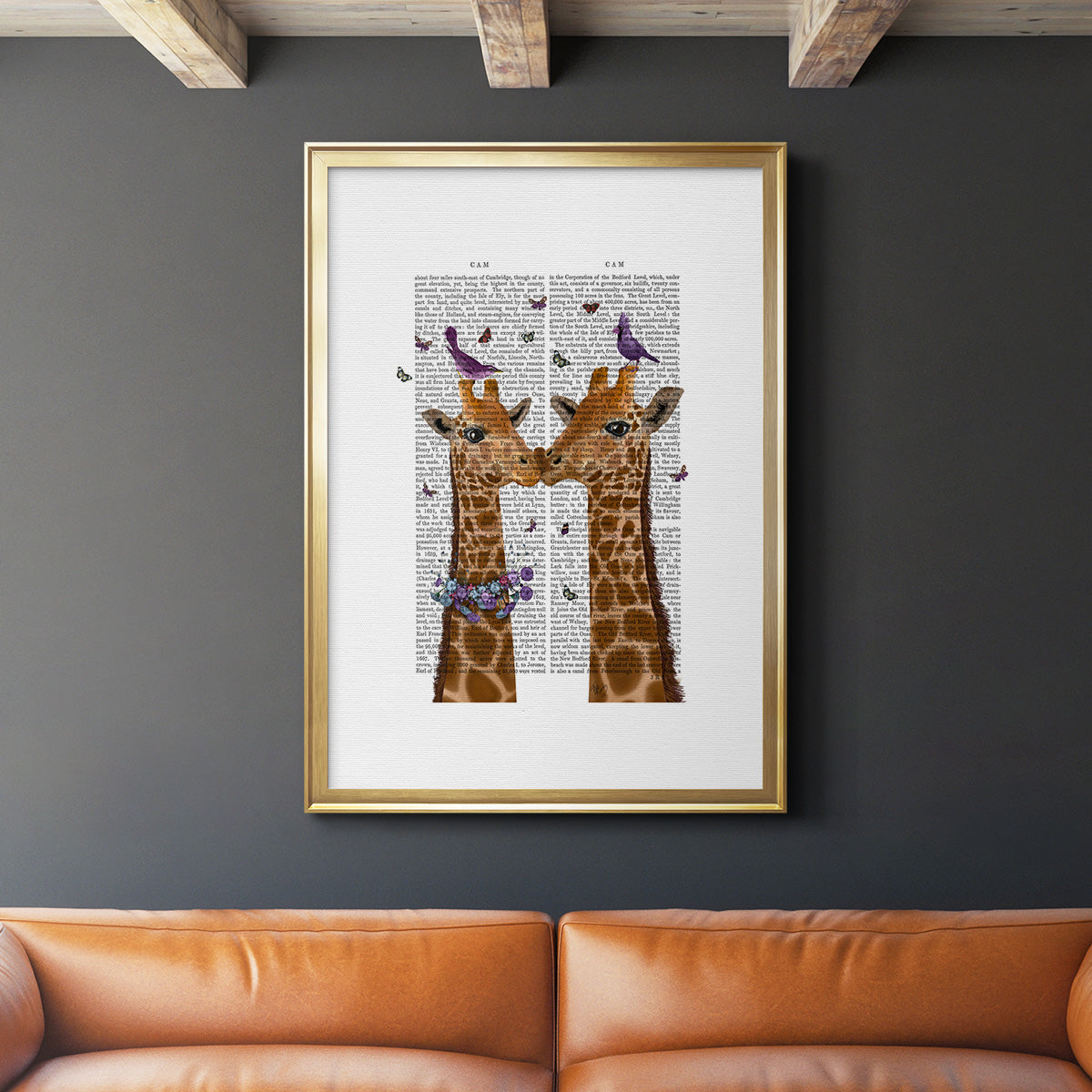 Kissing Giraffes with Birds - Modern Framed Canvas Print