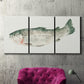 Three-panel canvas wall art featuring watercolor animal portrait, displayed in a living room above a suede accent chair.