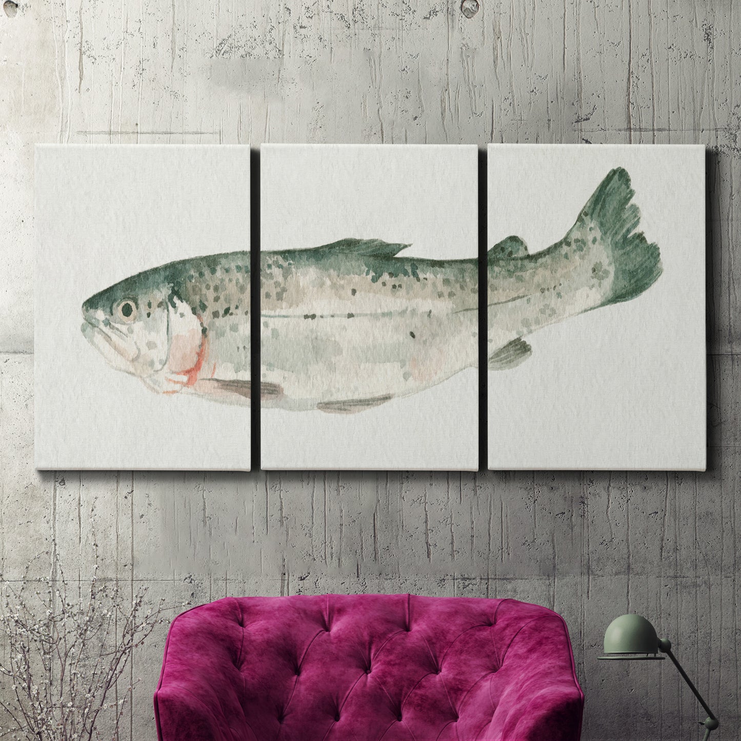 Three-panel canvas wall art featuring watercolor animal portrait, displayed in a living room above a suede accent chair.
