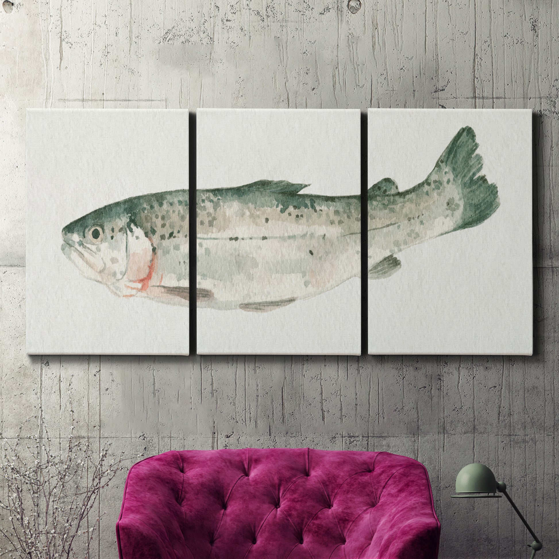Three-panel canvas wall art featuring watercolor animal portrait, displayed in a living room above a suede accent chair.