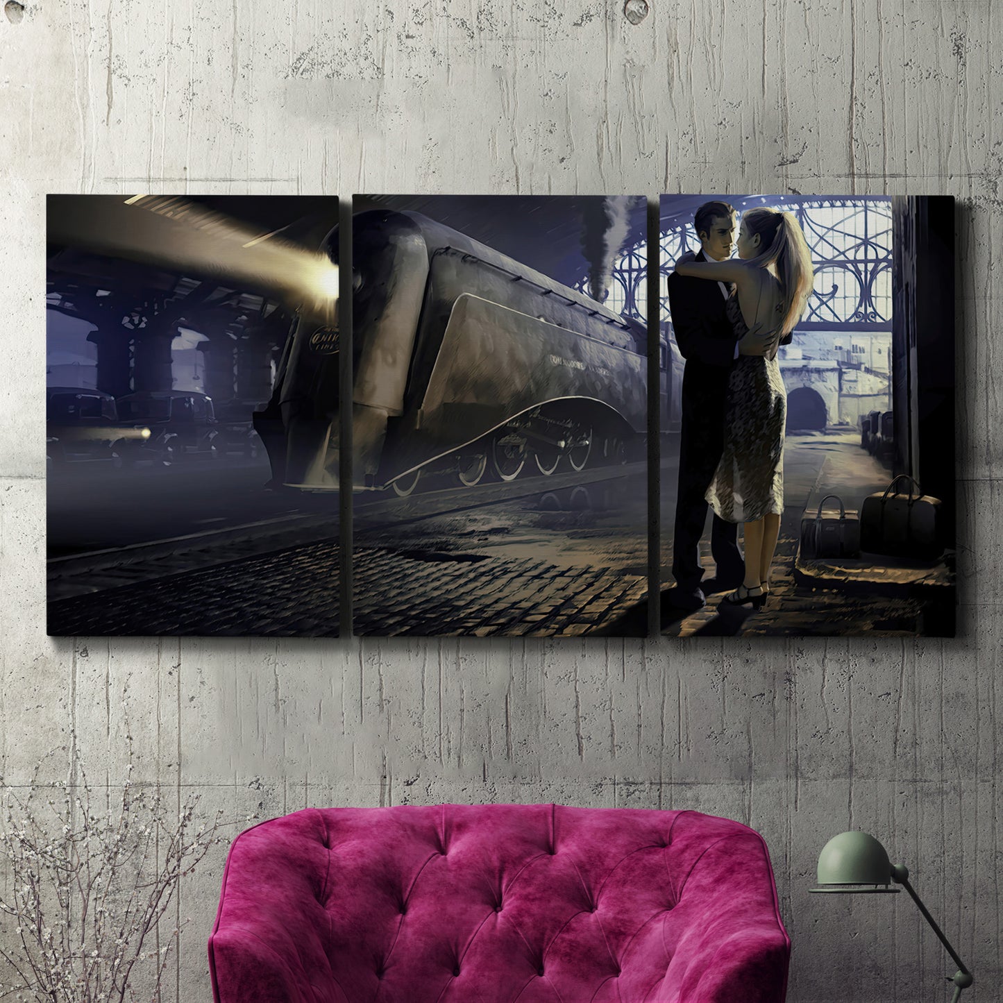 Three-panel canvas wall art featuring couple kissing at train station, displayed in a living room above a suede accent chair.