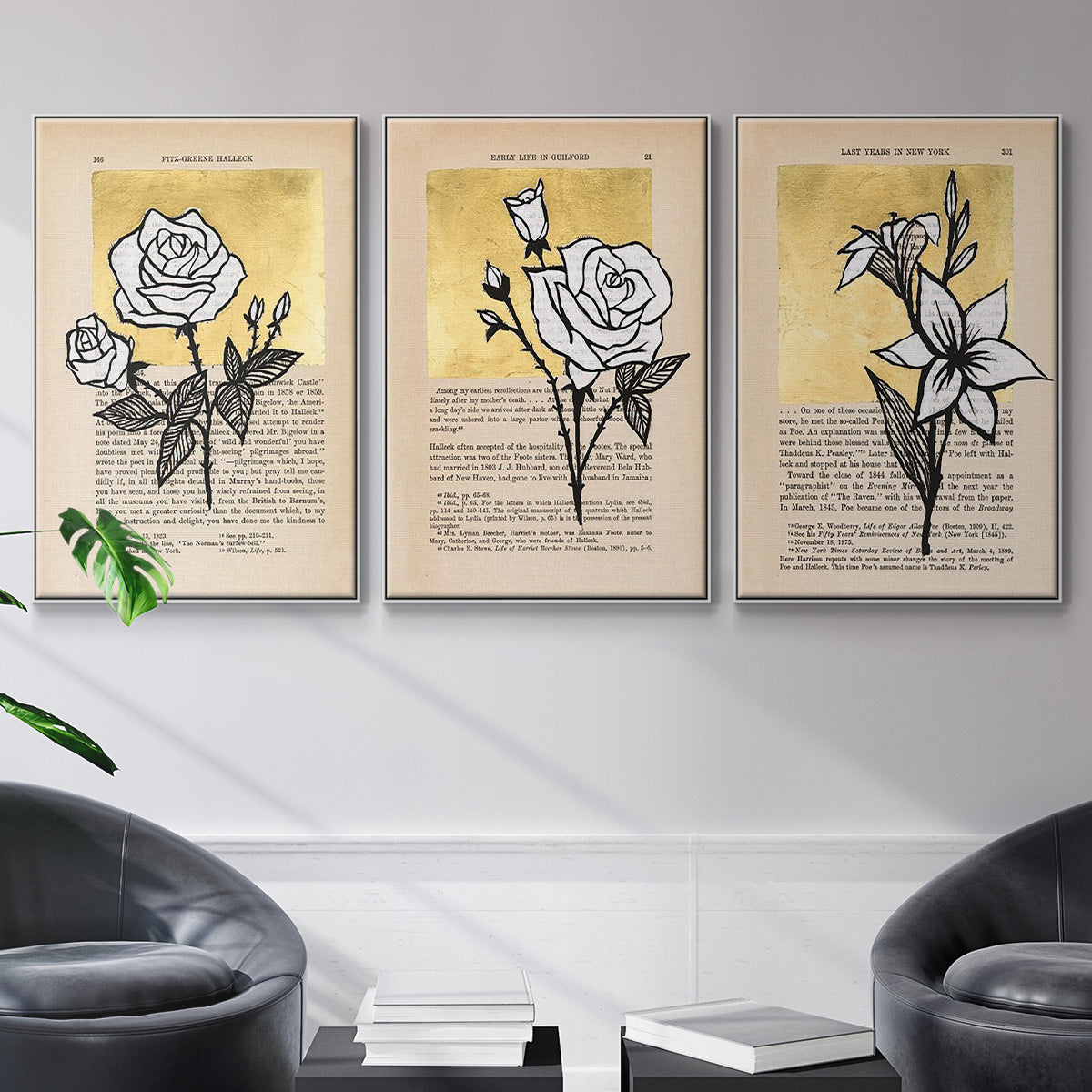 Floral Diary I - Framed Premium Gallery Wrapped Canvas L Frame 3 Piece Set - Ready to Hang