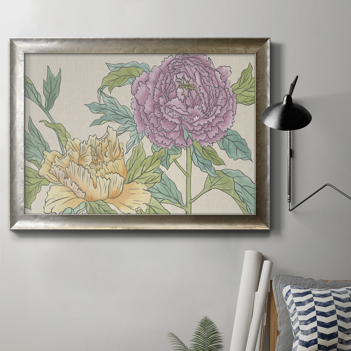Contemporary peony flower illustration in an ornate mottled silver frame displayed in a neutral interior setting.