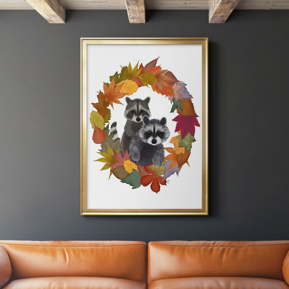 Raccoons Autumn Leaf Wreath - Modern Framed Canvas Print