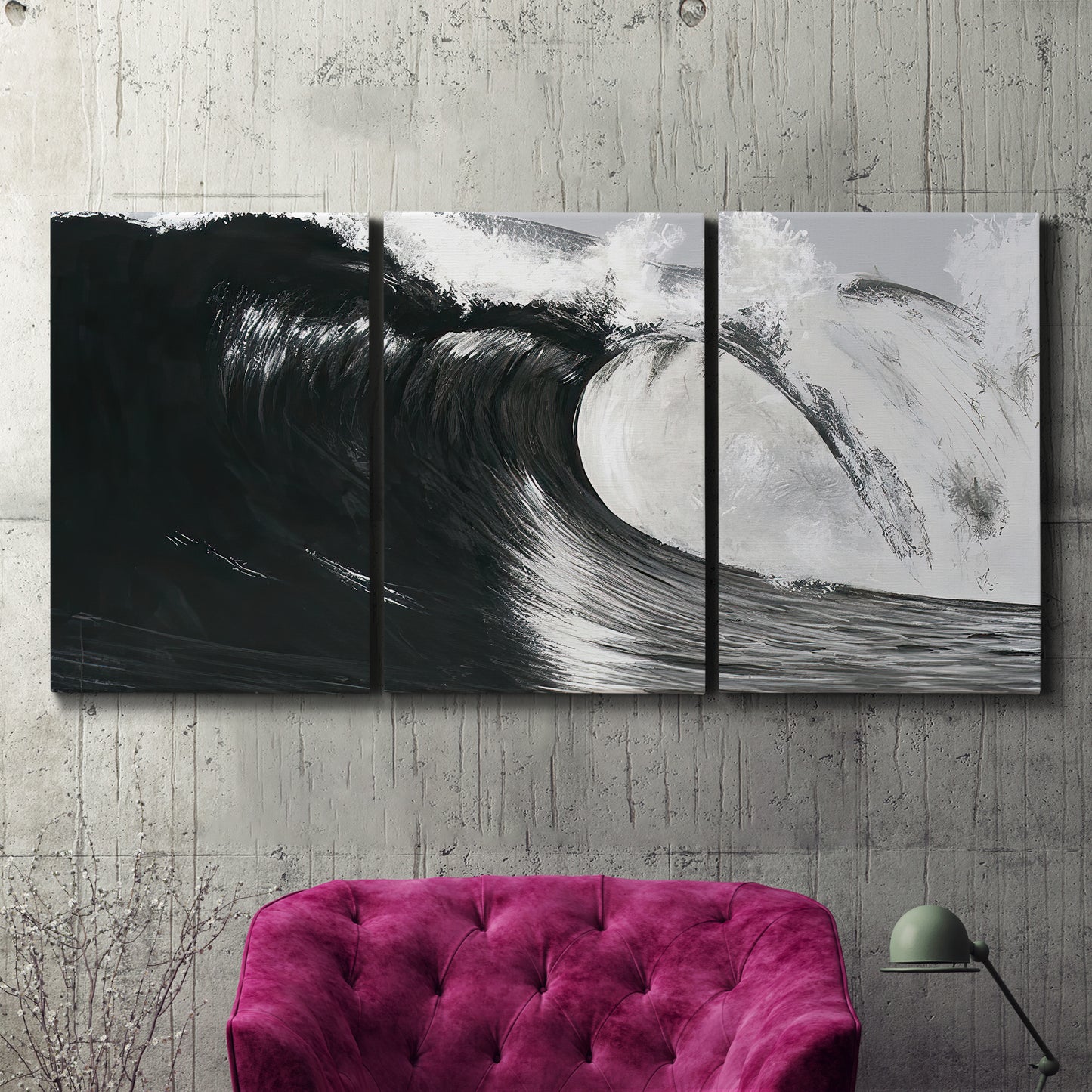 Three-panel canvas wall art featuring black and white crashing ocean waves, displayed in a living room above a suede accent chair.